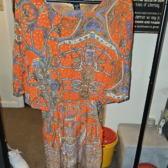 Angie Orange Blue 3/4 Sleeve One Piece ROMPER With Pockets - Picture 2 of 4
